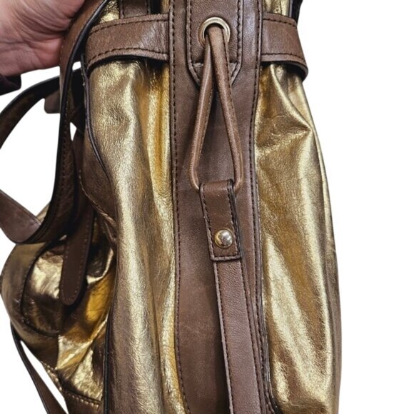 Kooba Gold & Brown Leather Shoulder Bag Boho Tote Bag Maximalism Metallic - Picture 9 of 11